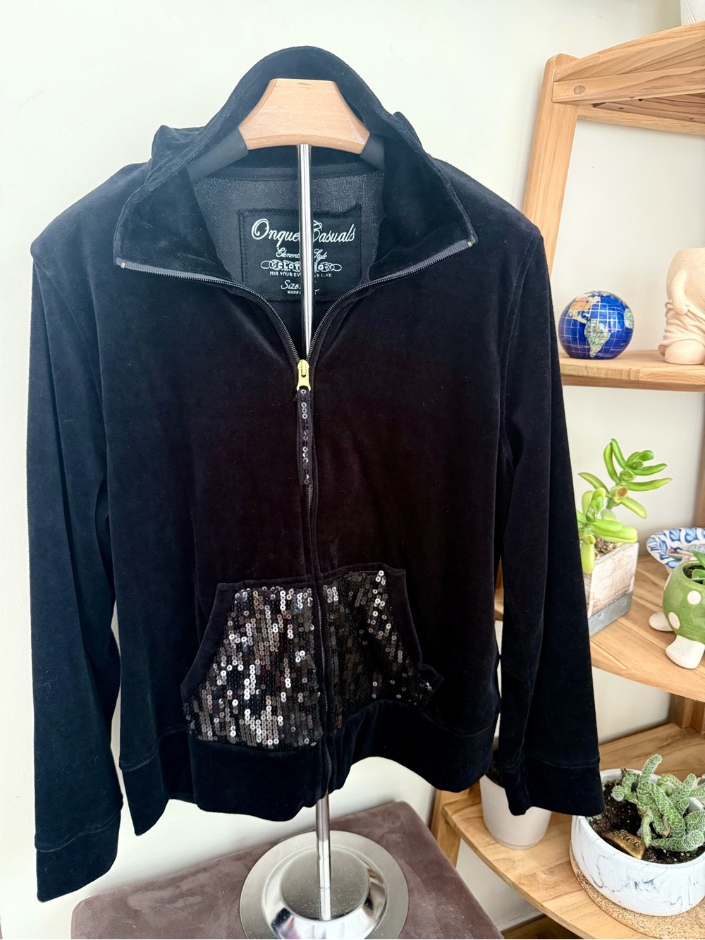 Onque Casuals Black Velvet Zip Jacket with Sequin Pockets